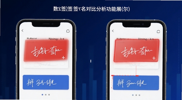 数签签签名对比分析功能展示,画面中两部手机并排显示不同签名信息,差异区域用红色高亮标出,背景为深蓝渐变,体现对比与辨别的主题