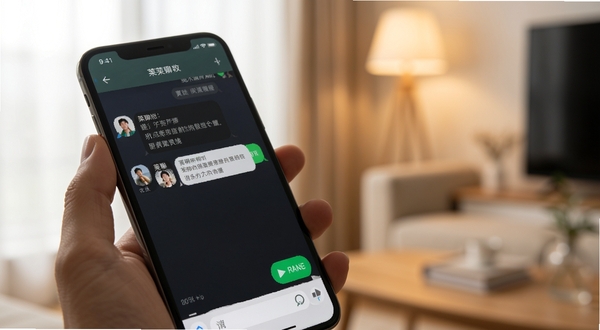 莱聊 消息收发场景 手机屏幕显示聊天对话框 绿色发送按钮 背景为室内柔和光线 画面干净清爽