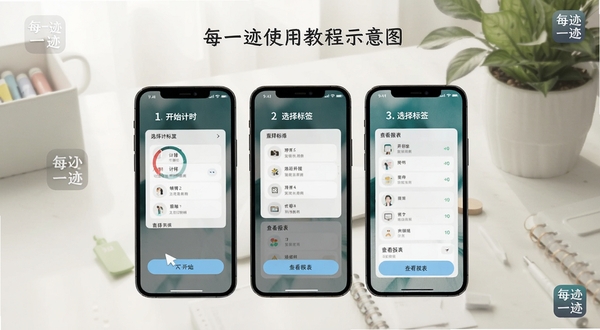 每一迹使用教程示意图,画面为手机屏幕分步展示点击开始计时、选择标签、查看报表三个操作场景,背景是简约的书桌与绿植,光线明亮柔和,带有每一迹应用图标水印