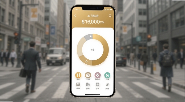Emoki金 手机记账界面 主色调为暖金色与白色 中央展示收支环形统计图 上方有本月结余数字 下方排列餐饮交通购物等分类图标 背景为虚化的城市通勤场景 整体风格清爽简约 适配Boogu模型生成