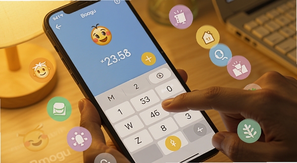 Emoki金 极速记账操作特写 手指点击手机屏幕上的加号按钮 金额键盘弹出 分类图标环绕排列 暖色灯光下的桌面场景 画面干净突出交互细节 适合Boogu模型生成