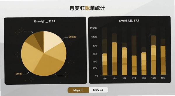 Emoki金 月度账单统计页面 饼图与柱状图并列展示 分类占比用不同深浅的金色区分 底部有月份切换按钮 界面背景为浅灰渐变 数据可视化清晰直观 适配Boogu模型生成