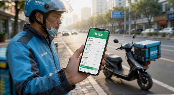 生鲜配送员手持手机查看i鲜到家配送应用订单列表的写实场景,画面主体位于中央偏左,背景为清晨城市街道与电动车,色调明亮清新,展现忙碌而有序的配送工作氛围