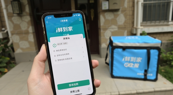 i鲜到家配送应用内异常上报页面与签收拍照功能的手机界面展示,画面主体为手机屏幕操作特写,背景为居民楼门口与配送保温箱,光线柔和自然
