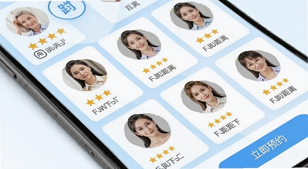 小保姆家政平台阿姨列表页面,手机屏幕特写,画面中显示多位家政阿姨头像卡片,每张卡片带有星级评分和距离标签,背景为浅蓝色渐变,画面右下角有“立即预约”按钮,整体视觉清爽,突出智能匹配功能