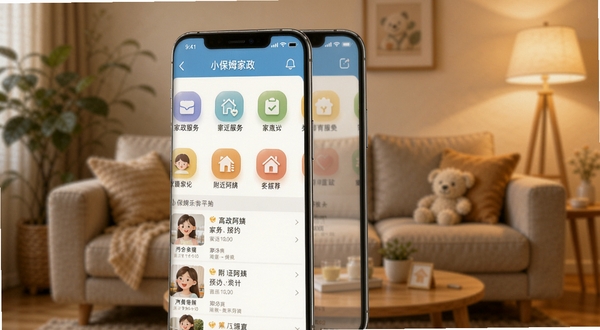 小保姆家政平台APP首页界面展示,画面中央是手机屏幕正视图,屏幕内显示家政服务分类图标与附近阿姨推荐列表,背景为温馨的家庭客厅虚化场景,暖色调光线,整体风格简洁现代,突出家政服务预约的便捷感