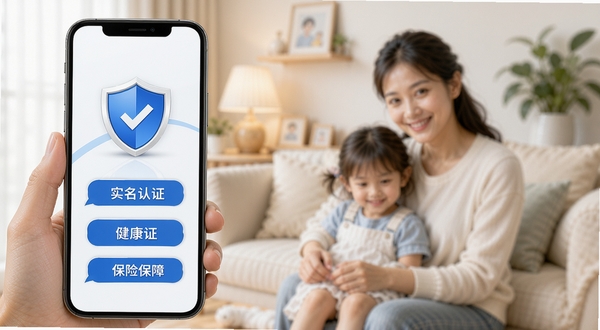 小保姆家政平台安全保障页面,画面展示手机屏幕内显示盾牌图标与“实名认证”“健康证”“保险保障”三个标签,背景是温馨的家庭环境虚化图,色彩以蓝白为主,传递安全可靠的感觉