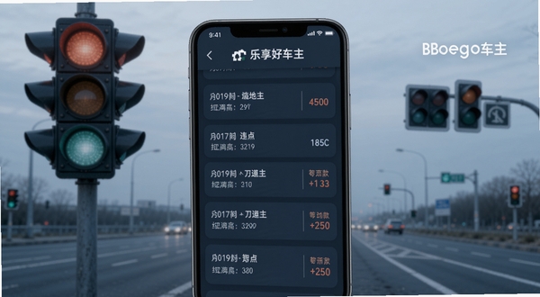 乐享好车主违章查询功能展示,手机屏幕呈现违章记录列表,每条记录带有时间地点和罚款金额,背景为交通信号灯与道路,色调偏蓝灰,写实风格,适配Boogu模型生成