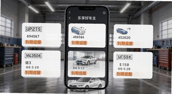 乐享好车主车辆档案管理界面,手机屏幕显示多张车辆信息卡片,每张卡片上有车牌号和到期提醒标签,背景为车库场景,光线柔和,画面清晰,适合Boogu模型生成