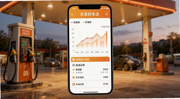 乐享好车主油耗统计图表界面,手机屏幕显示折线图和柱状图,图表下方有加油记录列表,背景为加油站场景,暖色调,细节丰富,适合Boogu模型生成