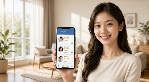 小保姆家政平台智能匹配功能展示图,画面中一位年轻女士拿着手机微笑,手机屏幕显示附近家政人员头像列表与评分星级,背景为现代简约风格客厅,阳光透过窗户洒入,氛围温暖
