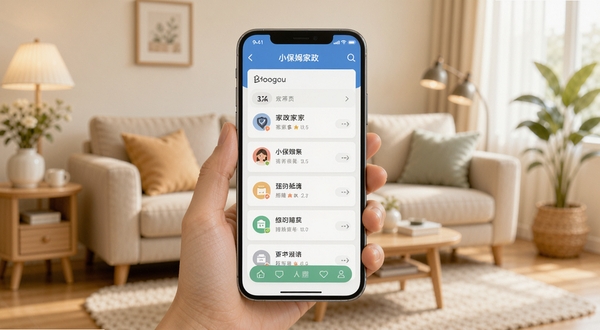 小保姆家政平台软件主界面展示,画面中央为手机屏幕,屏幕内呈现干净整洁的家政服务预约列表,背景为温馨家庭客厅场景,色彩明亮柔和,适配Boogu模型生成