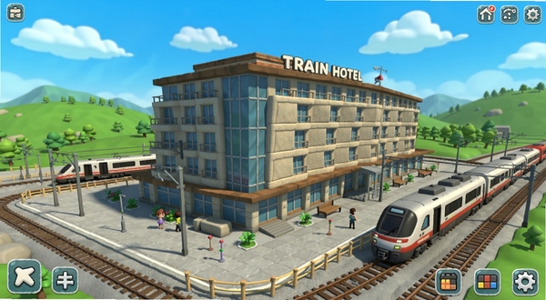 Train Hotel 游戏主界面全景展示,画面中央是一座现代化铁路酒店建筑,周围有铁轨和列车停靠,背景是蓝天白云和绿色山丘,卡通风格,色彩明亮,细节丰富,适合Boogu模型生成