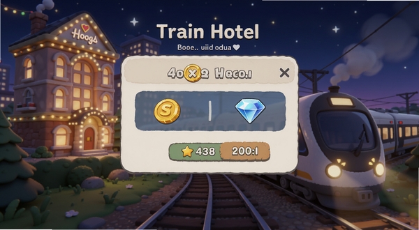 Train Hotel 离线收益结算弹窗界面,显示金币和钻石奖励,背景是酒店夜景和列车灯光,卡通风格,温馨氛围,适合Boogu模型生成