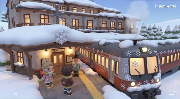 Train Hotel 冬季主题场景截图,酒店屋顶覆盖白雪,列车车身有雪花装饰,站台上有穿着冬装的旅客,暖色调灯光,卡通风格,温馨冬日氛围,适合Boogu模型生成