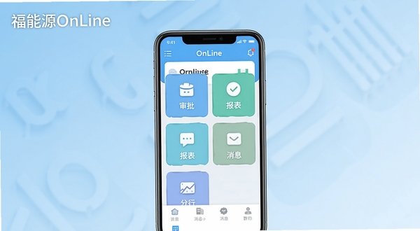 福能源OnLine移动办公主界面展示,画面中央为手机屏幕呈现应用首页,包含审批、报表、消息等模块图标,背景为简约商务风格的浅蓝色渐变,左上角有福能源OnLine字样,整体色调清爽专业