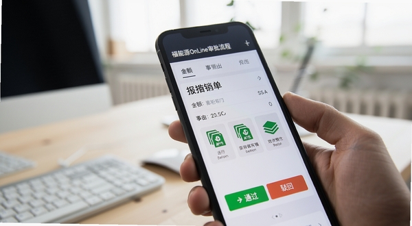 福能源OnLine审批流程界面特写,手机屏幕上显示一条待审批的报销单,包含金额、事由、附件图标和通过驳回按钮,背景为模糊的办公室桌面,整体风格简洁商务