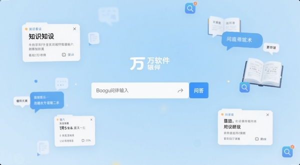 万问软件主界面全貌展示,画面中央是简洁的问答输入框与品牌标识,背景区域为柔和的浅蓝色渐变,周围环绕知识卡片、对话气泡与搜索图标,整体风格清爽现代,适配Boogu模型生成