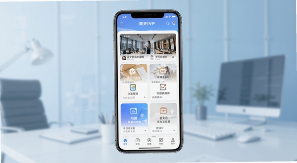 金天合纵VIP软件主界面全貌展示,画面中央为手机屏幕模型,屏幕内呈现软件首页的模块化布局,包含资讯卡片、功能入口图标和底部导航栏,背景为浅蓝色渐变办公场景虚化效果,整体风格简洁商务,适配Boogu模型生成