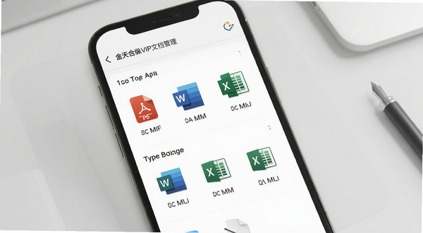 金天合纵VIP文档管理界面预览图,画面展示手机屏幕中文件列表的排列样式,包含PDF、Word、Excel等格式图标,文件按时间与类型分组,背景为淡灰色办公桌面,风格简约清晰
