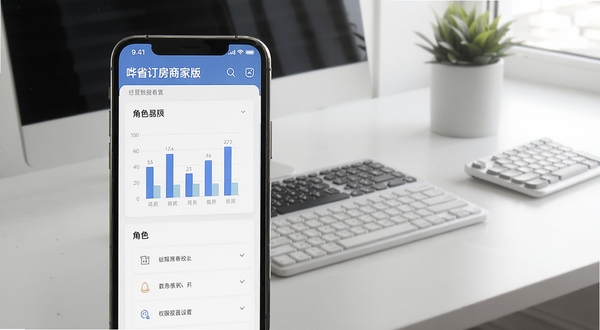 哗省订房商家版经营数据看板与权限设置界面组合图,画面主体为手机屏幕展示柱状图与角色列表,背景区域为简约办公桌面,风格现代商务