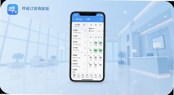 哗省订房商家版应用图标与主界面功能模块展示图,画面中央放置手机样机,屏幕内呈现订单列表与房态日历视图,背景区域为浅蓝色渐变与简约酒店大堂剪影,整体风格商务清爽,适配Boogu模型生成