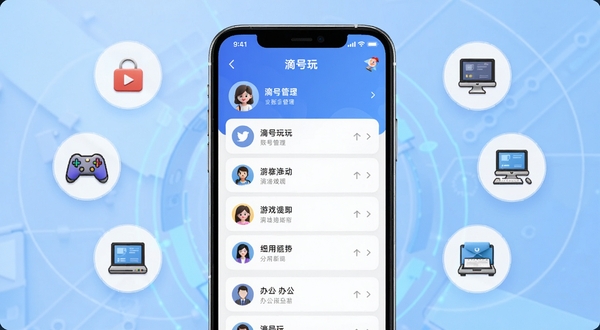 滴号玩应用主界面展示图,画面中央为手机屏幕正视图,屏幕上显示滴号玩APP的账号管理列表界面,背景为浅蓝色渐变科技风格,周围环绕着社交、游戏、办公等场景小图标,整体风格清爽简洁,适配Boogu模型生成
