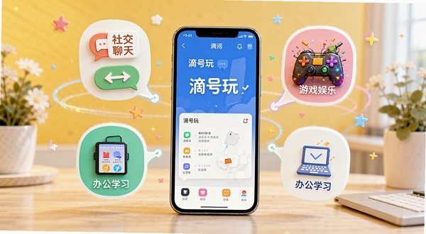 滴号玩多场景适配示意图,画面展示手机周围环绕着社交聊天、游戏娱乐、办公学习等不同场景的图标,手机屏幕显示滴号玩应用界面,整体色调明亮活泼,突出多场景适用特点
