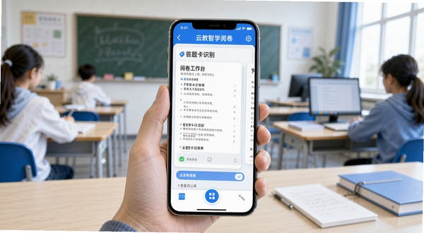 云教智学阅卷 手机端主界面 阅卷工作台 答题卡识别 教育办公场景 明亮简洁风格 居中构图 背景为教室或办公室 蓝色与白色主色调 高清细节