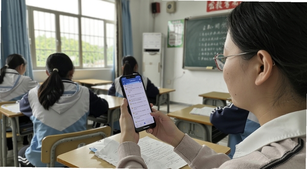 云教智学阅卷 离线阅卷模式 手机无网络环境 本地缓存 教室场景 教师使用手机 自然光线 写实风格