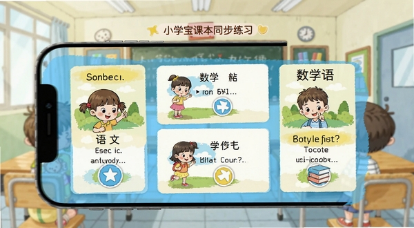 小学宝 课本同步练习界面 手机屏幕 语文数学英语 题目卡片 卡通插画 孩子点击答题 明亮教室背景 适配Boogu模型生成
