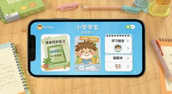 小学宝 软件主界面 手机屏幕展示 课本同步练习 错题本 学习报告 卡通风格 明亮色调 居中构图 背景为书桌与文具 适配Boogu模型生成