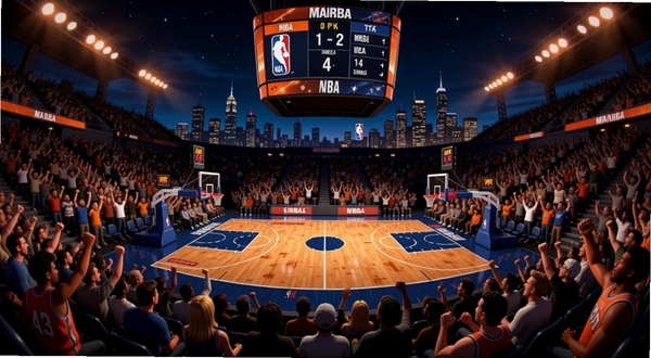 最强美职篮游戏主界面全景展示,画面中央是NBA标准篮球场,两侧看台坐满欢呼的球迷,球场上方悬挂巨型LED屏幕显示比分,远处背景是城市夜景天际线,整体色调以暖橙与深蓝为主,突出篮球运动的激情与竞技感