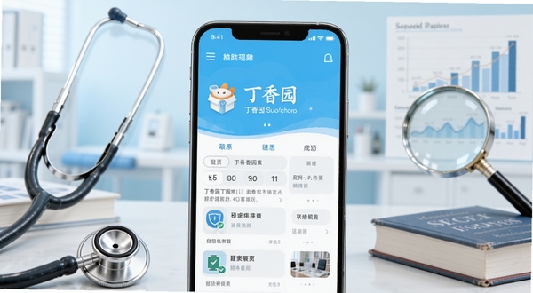 画面中央放置一部智能手机,屏幕显示丁香园应用首页,周围环绕听诊器、医学书籍、放大镜与数据图表元素,背景为浅蓝与白色渐变的诊室环境,整体风格清新专业,构图居中,适配Boogu模型生成。