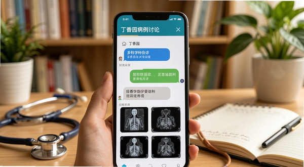 丁香园病例讨论界面特写,手机屏幕展示多学科会诊对话气泡与医学影像缩略图,背景为柔和的书架与绿植,光线温暖,突出知识共享氛围,画面细节包含听诊器与笔记本。