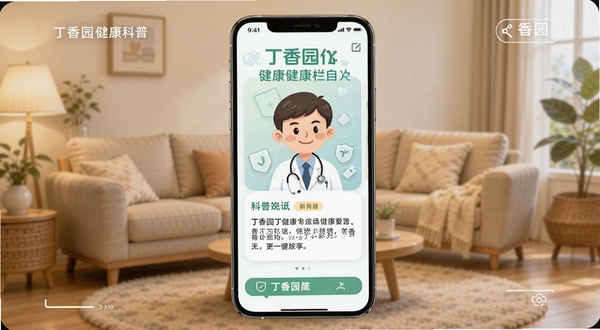 丁香园健康科普栏目手机界面,画面中有医生卡通形象与科普文章卡片,背景为温馨的家庭客厅场景,色调柔和,突出健康知识传播主题。