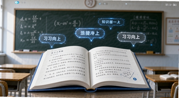 习习向上教材同步学习界面,画面主体为翻开的电子课本与悬浮的知识点标签,背景区域为教室黑板与课桌元素,细节包含数学公式与语文课文段落,整体呈现数字化学习场景,风格写实且富有科技感