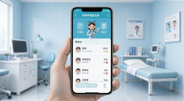 蚂蚁阿福医生版应用主界面截图,画面中央展示手机屏幕,屏幕内是医生工作台与患者列表,背景为简洁的诊室环境,浅蓝色调,写实风格,高清细节