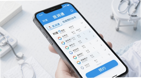 医润通 在线预约挂号 手机界面展示 医生排班列表 科室选择 预约按钮 清新医疗蓝 真实手机模型 柔和光效