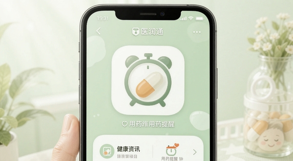 医润通 用药提醒 闹钟图标 健康资讯 手机界面 药丸图案 温馨提醒 浅绿色调