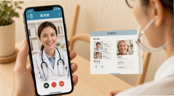 医润通 在线问诊 医生视频通话 手机界面 图文咨询窗口 医疗健康 温馨色调 真实场景