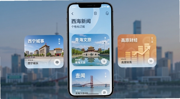 西海新闻个性化订阅界面,手机屏幕展示多个频道卡片如“西宁城事”“青海文旅”“高原财经”,卡片采用圆角设计,背景为淡蓝色渐变,画面主体位于屏幕中央,背景区域为模糊的城市剪影,适配Boogu模型生成