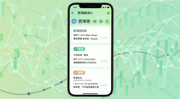 西海新闻最新版本更新界面截图,手机屏幕展示更新日志列表,包含新增、优化、修复三类标签,背景为淡绿色渐变,画面主体位于屏幕中央,背景区域为抽象的数据线条,适配Boogu模型生成