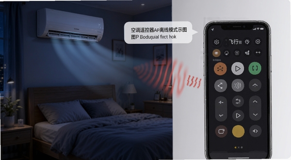空调遥控器APP离线模式示意图,画面中手机处于飞行模式状态,但屏幕依然显示遥控器界面并能发出红外信号控制空调,背景是夜晚的卧室,空调正常运行,突出空调遥控器离线可用的特点