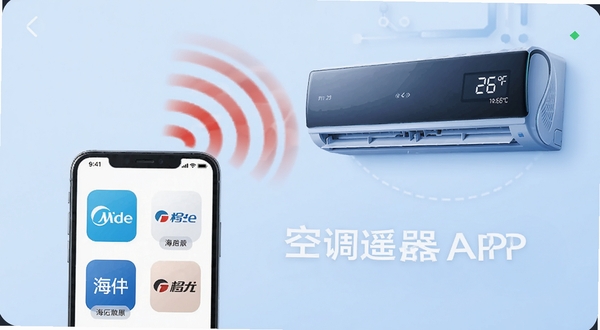 空调遥控器APP的品牌选择界面截图风格插画,画面中一部手机屏幕显示格力、美的、海尔等品牌图标列表,旁边有一个红色的红外信号波纹从手机顶部射出连接到一台壁挂式空调,空调显示温度26度,背景为淡蓝色渐变,整体科技感十足,突出空调遥控器软件名称