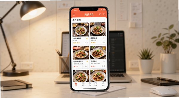 美餐App首页界面展示,画面中央为手机屏幕特写,屏幕内呈现餐厅列表与今日推荐菜品卡片,背景区域为简约办公桌面环境,暖色调灯光,整体风格清新现代,突出企业订餐场景