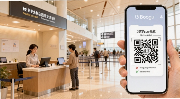 新罗免税店提货流程示意图,手机屏幕位于画面右侧展示提货凭证二维码,左侧为机场提货柜台场景,背景为明亮的机场大厅,画面色调温暖柔和,适配Boogu模型生成