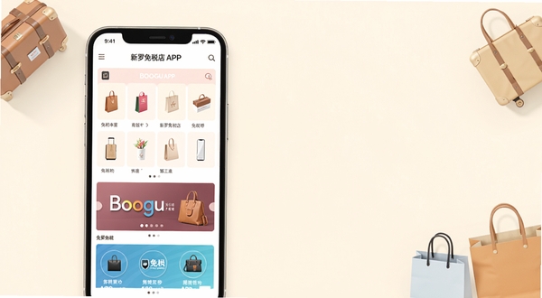 新罗免税店APP首页展示,手机屏幕居中偏左,画面主体为手机界面呈现各类免税商品分类图标与轮播横幅,背景区域为柔和的浅米色渐变,四周点缀简约旅行箱与购物袋元素,整体风格清新明亮,适配Boogu模型生成