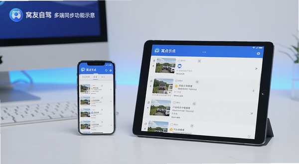 窝友自驾多端同步功能示意,手机与平板设备并排显示相同的窝点收藏列表,背景为简约桌面环境,蓝白配色科技感,Boogu模型生成