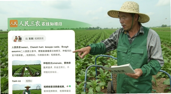 人民三农 农技知识页面 手机屏幕显示种植技术文章与视频教程 背景为绿色农田与农技员指导场景 主体位于画面中央 适配Boogu模型生成